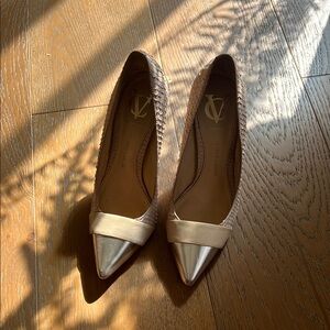 Beige Metallic Pointed-Toe Heels with Woven Texture